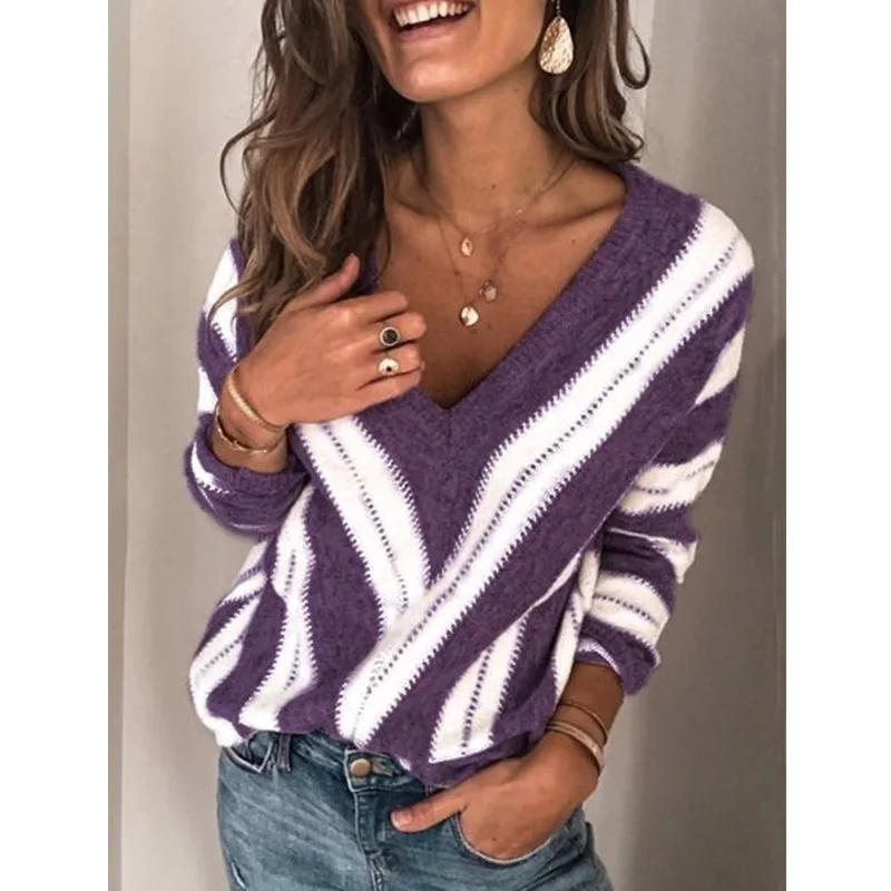 

2020 Women's Striped Sweater V-neck Knitted Jumper Women Sweater Knitted Sweater Women Sweaters And Pullovers Striped Streetwear