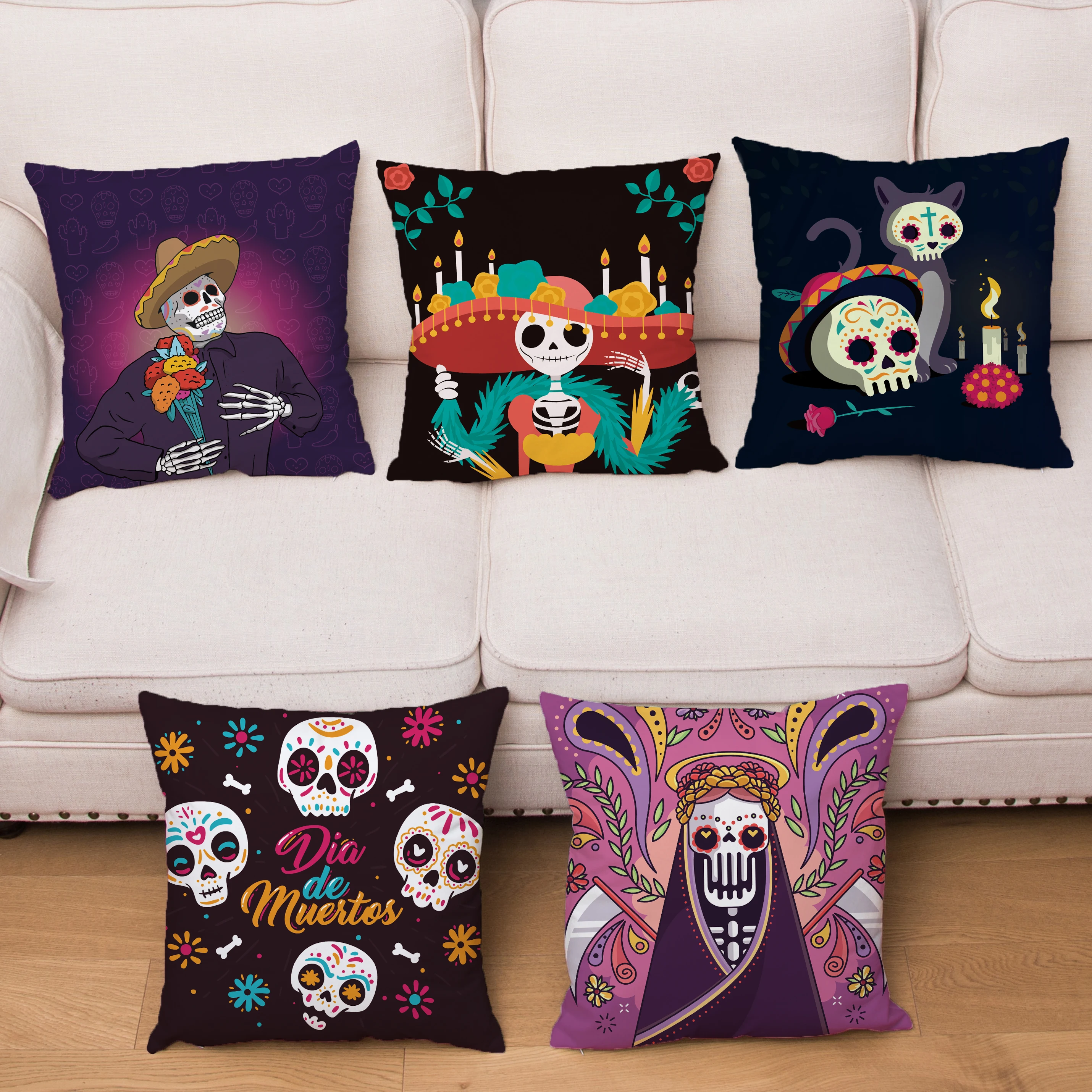 

Cartoon Flowers Skull Print Cushion Cover Day Of The Dead Festival Pillowcase Kid Gift Soft Plush Pillows Cases For Home Decor