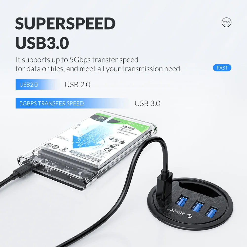 

USB HUB USB3.0 Mount In Desk Multi USB 3.0 Splitter 5Gbps High Speed Desktop Grommet USB 3.0 HUB Adapter For PC/Tablet