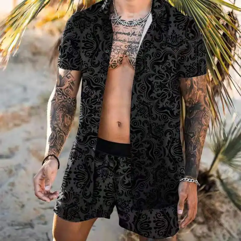 

2021 Summer Beach Style Loose Shirt Hawaiian Casual Suit Men's Print 2 Piece Set