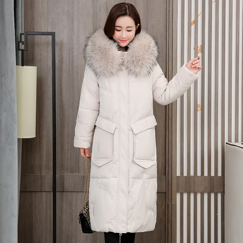 

Plus Size Women Long Jacket With Fur Collar Hooded Long Parkas Female Winter Big Pocket Solid Thicken Cotton Women Coat L-5XL