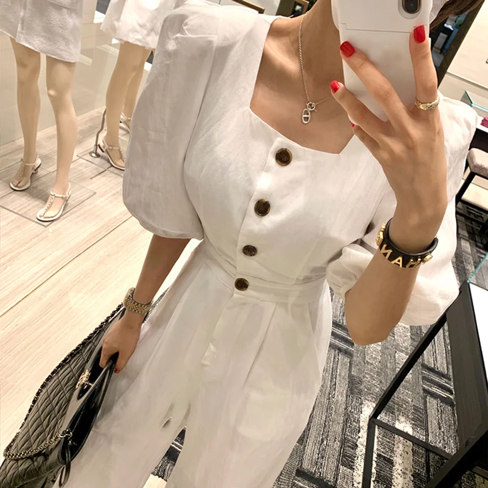 Elegant Slim Women Short Sleeve Square Neck Jumpsuits Office Lady Bodysuit Long Pants Casual Playsuit Solid Color Autumn Fashion |