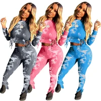 two piece set women tie dye outfits ribbing lace up stretchy crop top stacked leggings sweatpants jogger wholesale dropshipping