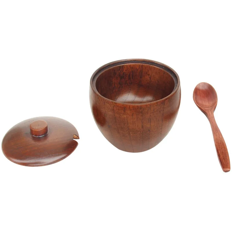

1Pcs Natural Wood Spice Jar With Lid Reusable Vintage Sugar Bowls Salt Jar With Spoon Seasoning Stirring Container Kitchen Tools