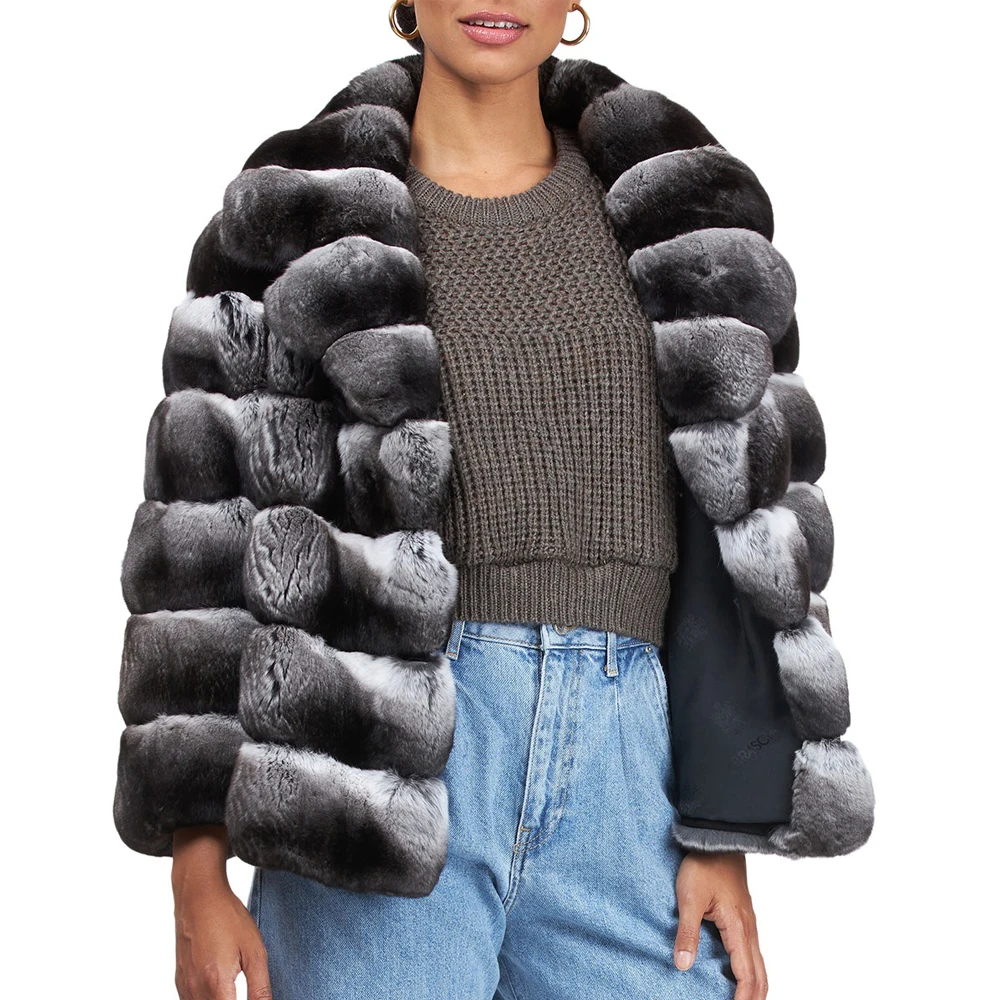 2022 New Natural Rex Rabbit Fur Coat for Women Fashion Winter Whole Skin Genuine Rex Rabbit Fur Jacket Chinchilla Color Outwear