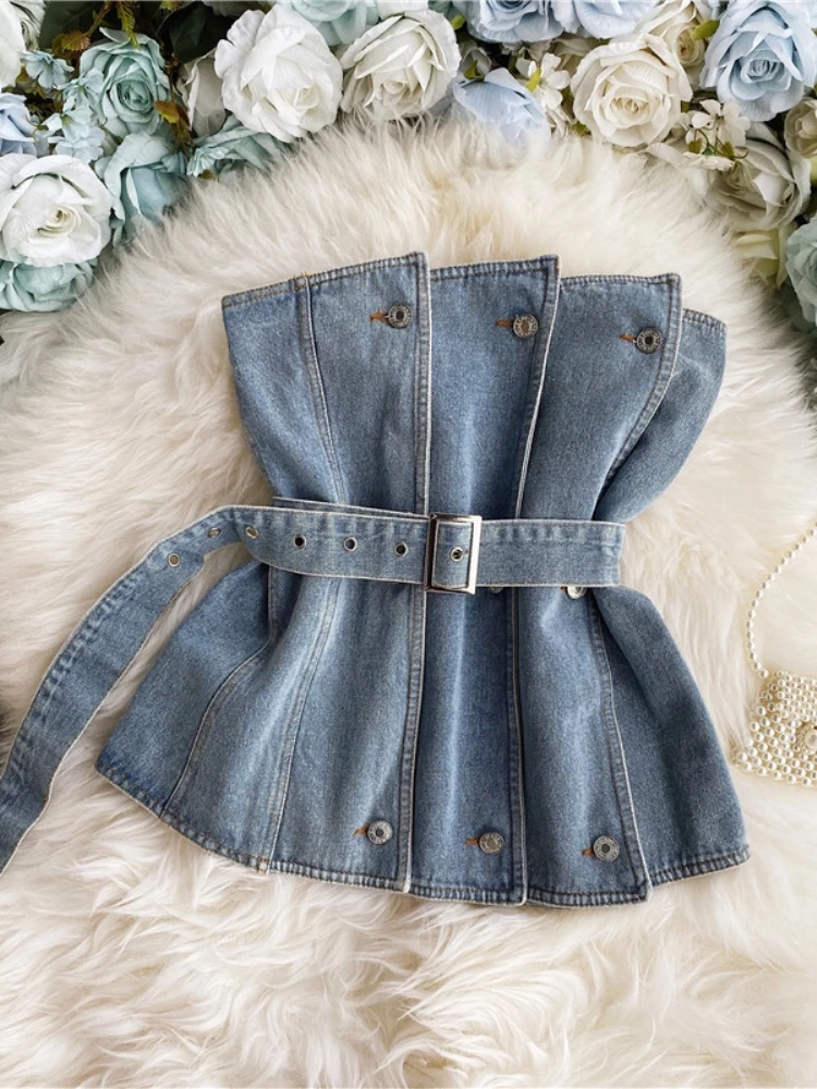 

women tops 2021 summer korean clothes fashion denim vest sexy blouse off shoulder streetwear tube tops strapless tank top