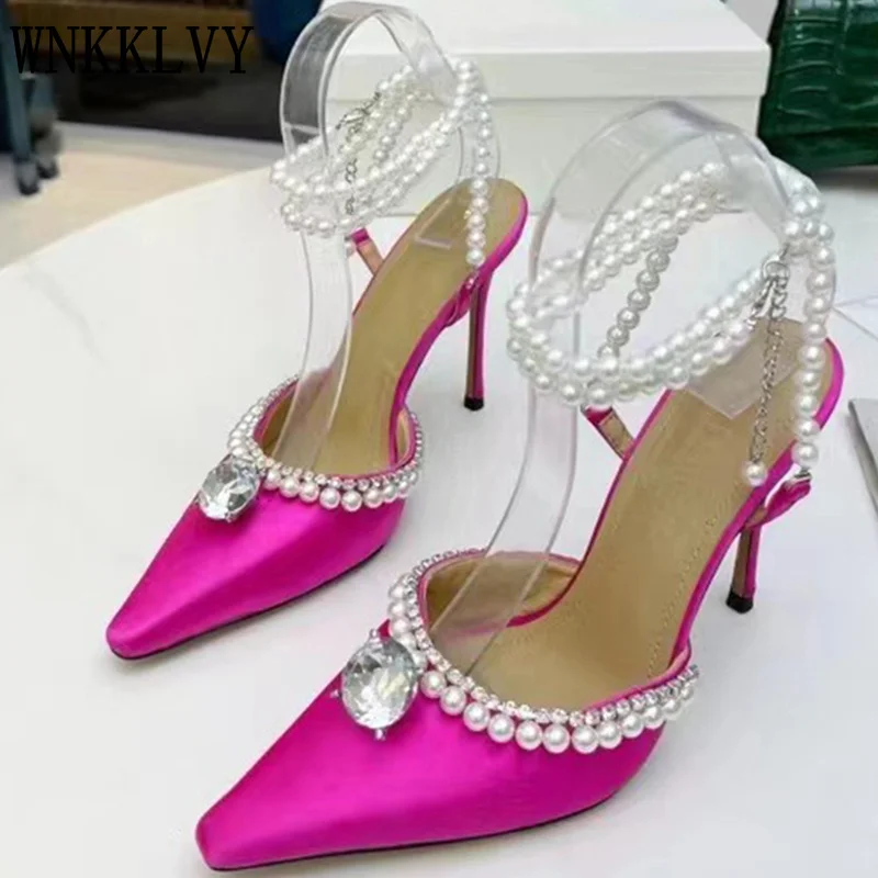 

Pointed Toe Silk Satin High Heel Pumps Women Crystal pearl chain Decor Ankle Strappy Sandals Sexy Wedding Bride Shoes 2022