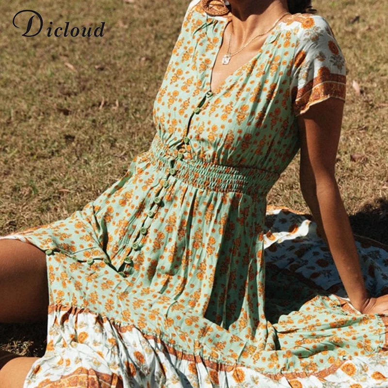 DICLOUD элегантное Бохо длинное платье женское летнее с коротким рукавом цветочный
