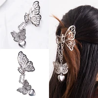korean butterfly heart pendant hair claw women girls metal chain hollow out fashion sweet tassel barrettes party accessories