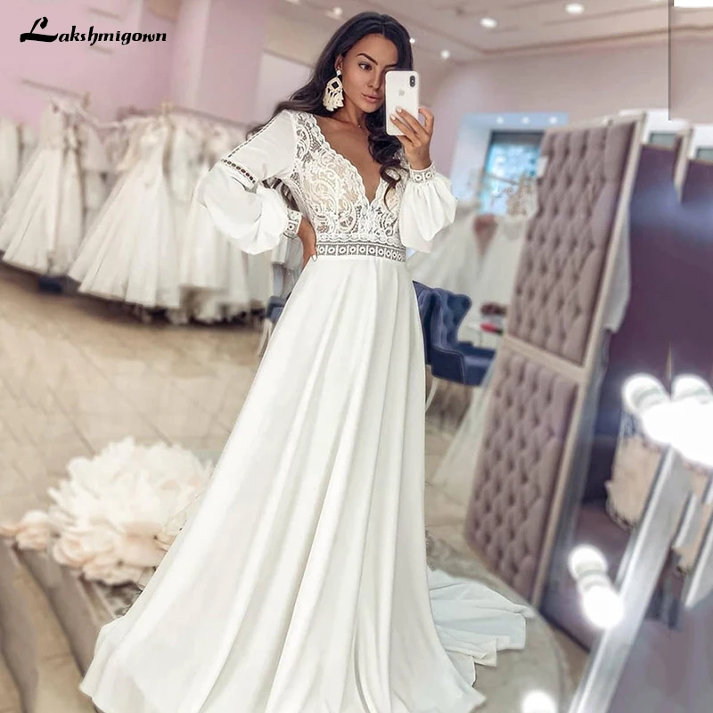 

Lakshmigown Bohemian Wedding Dresses Puff Sleeve Chiffon Lace Bridal Gowns Backless Vestido De Novia V Neck Wedding Party Gown