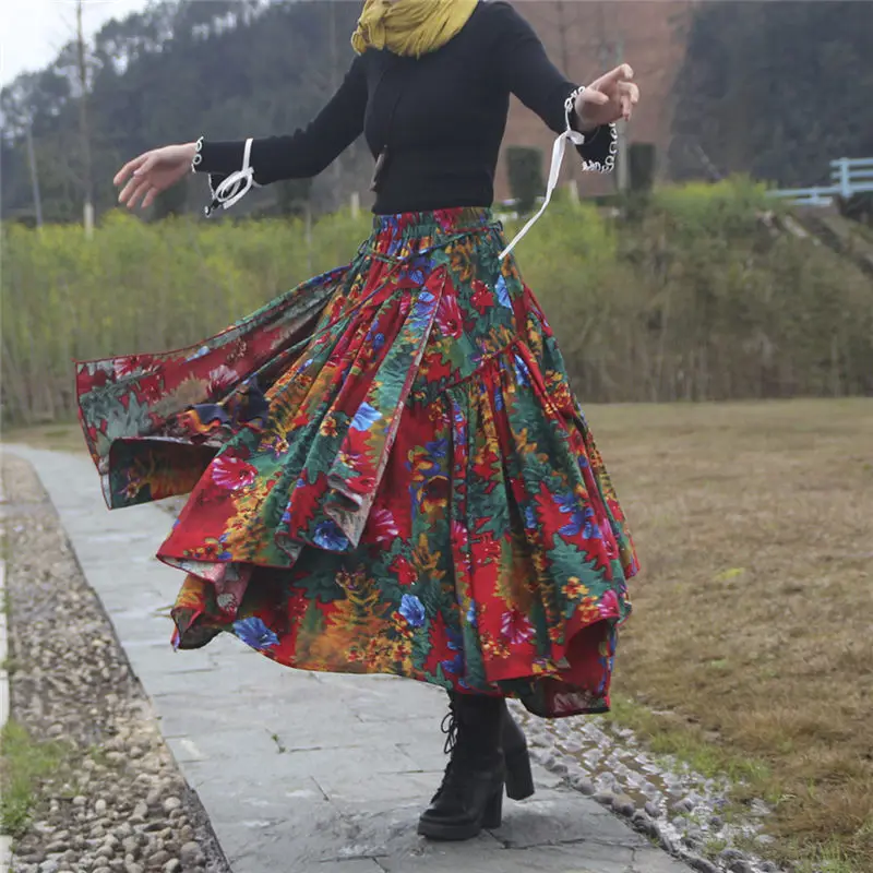 Spring Ethnic Style Trend Flower Print Long Cotton Linen Skirt Women Elastic Waist Autumn Irregular Maxi Skirt flada Mujer f2663
