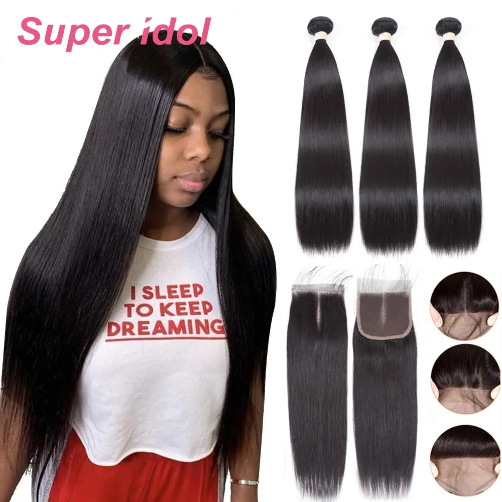 Straight Human Hair 3/4 Bundles With Closure 4x4 Lace Closures With Bundles Brazilian Hair Weave Bundles With Closure Remy Hair