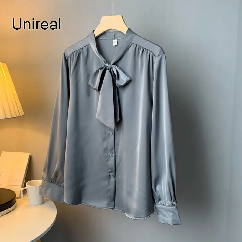 

Женская атласная блузка Ordifree, Офисная шифоновая рубашка с длинным рукавом и галстуком-бабочкой, винтажные топы, весна-лето 2022