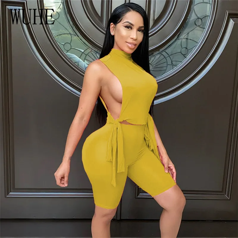 

WUHE Casual Tracksuits Outfits Sleeveless O Neck Sexy Hollow Out Crop Top and Lace Up Skinny Shorts Pants Nightclub Party Wear