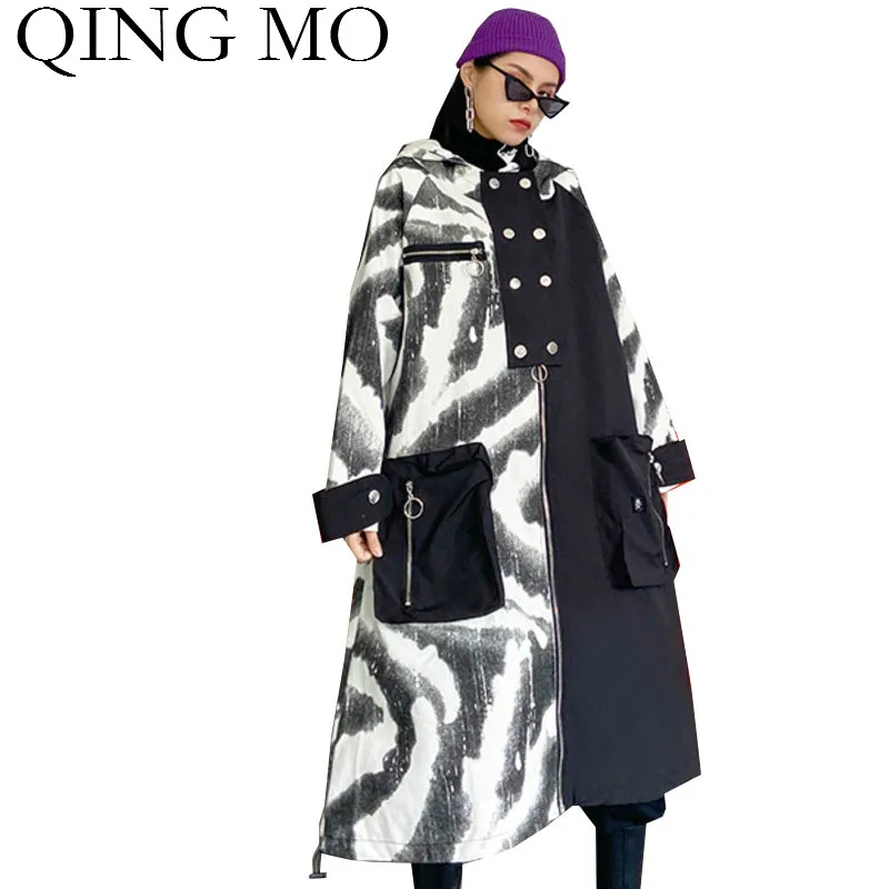 QING MO брендовый Женский Тренч с капюшоном 2020 женское джинсовое пальто в стиле
