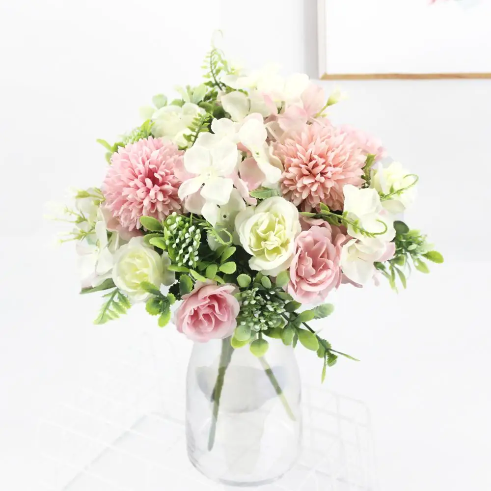 

pink silk hydrangeas artificial flowers wedding flowers for bride hand silk blooming peony fake flowers white home decoration