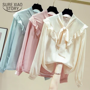 Модная корейская женская рубашка с длинным рукавом, элегантная винтажная шифоновая блузка с оборками и бантом, офисные блузки, женские повседневные блузы, Mujer 11594