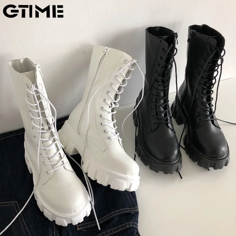 

Новинка 2021, женские ботинки до середины икры, осенне-зимние модные ботинки на шнуровке и молнии, женская спортивная обувь на платформе и каб...