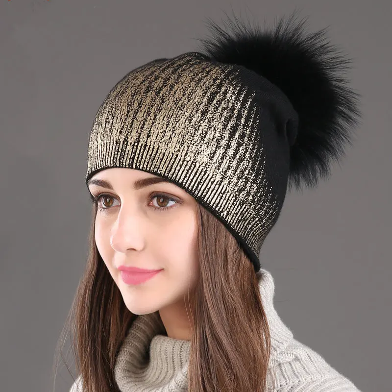 

Real Raccoon Dog Fur Skullies Hats Fall Winter Warm Handcraft Knitting Wool Beanie Hats Outdoor Sports Skiing Women Fur Bonnets