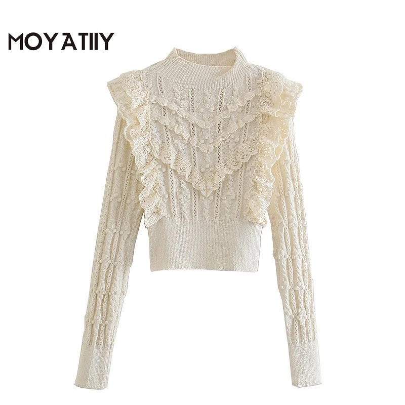 

MOYATIIY Women 2022 Fashion Embroidery Fluff Beige Sweater Elegant Ruffle Lace Hollow Pullover Sweaters Slim Female Tops