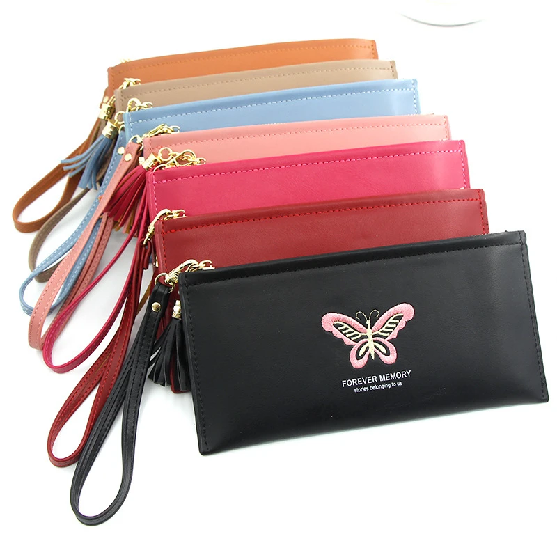 

Women Long Butterfly Embroidery Wallets Female High-capacity Solid Color Zipper Coin Purses Ladies Card Holder Clutch Phone Bag
