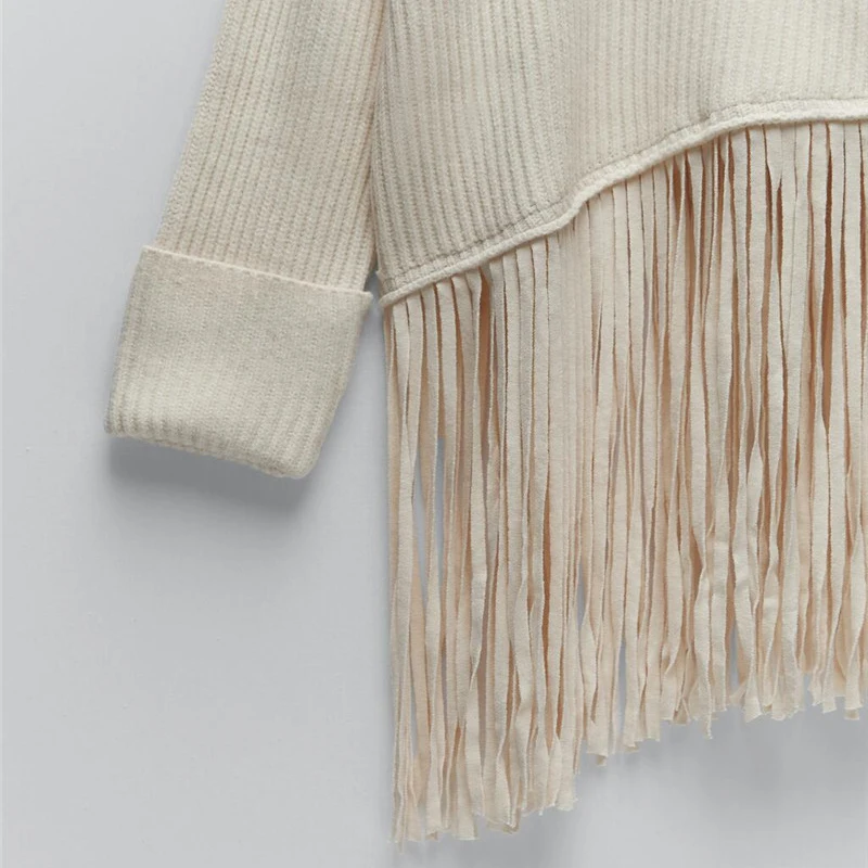 

Loose Patchwork Tassel Solid Sweater For Women O Neck Long Sleeve Casual Chic Knitted Pullovers Female Fashion New Clothing C453