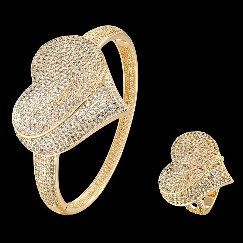 

Funmode Luxury 3Tones Big Heart Design Micro CZ Pave Bangle Ring Jewelry Sets For Wedding Bridal Bijoux Sets Wholesale FS239