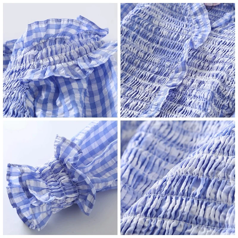 

MosiMolly Summer Ruffle Blouses Shirt Tops Women Plaid Cropped Tops Female Blusas