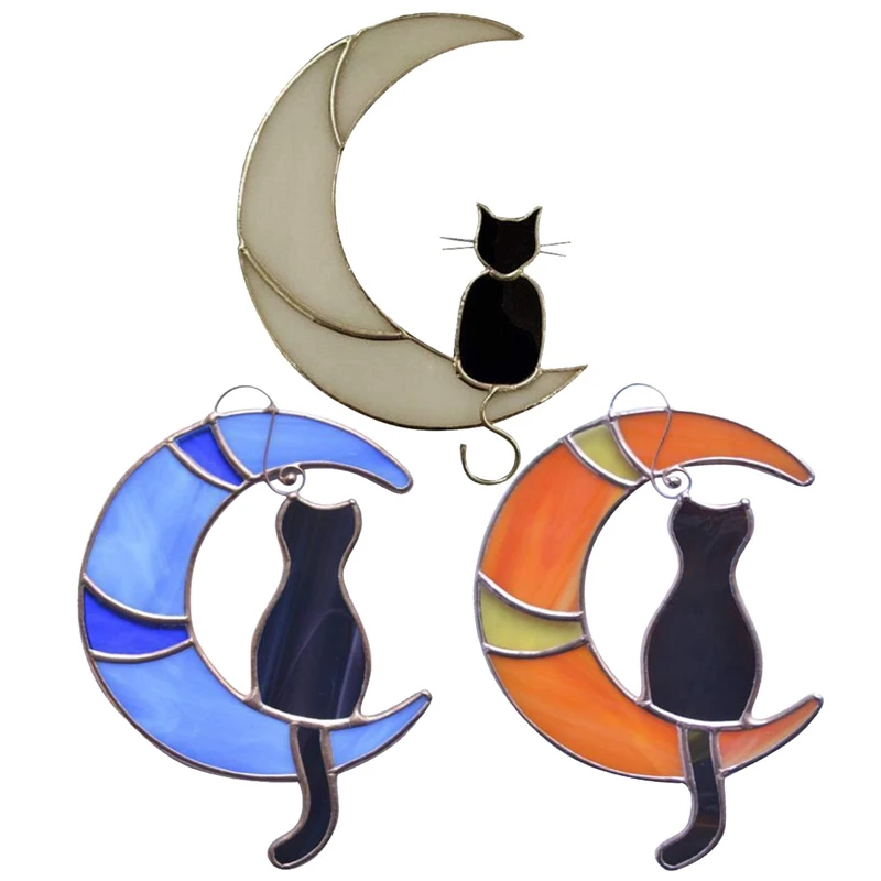 

1pcs Stained Glass Cat On the Moon Window Hanging Sticker Cat Lover Gift Pet Gift Black Cat On the Moon Home Decor