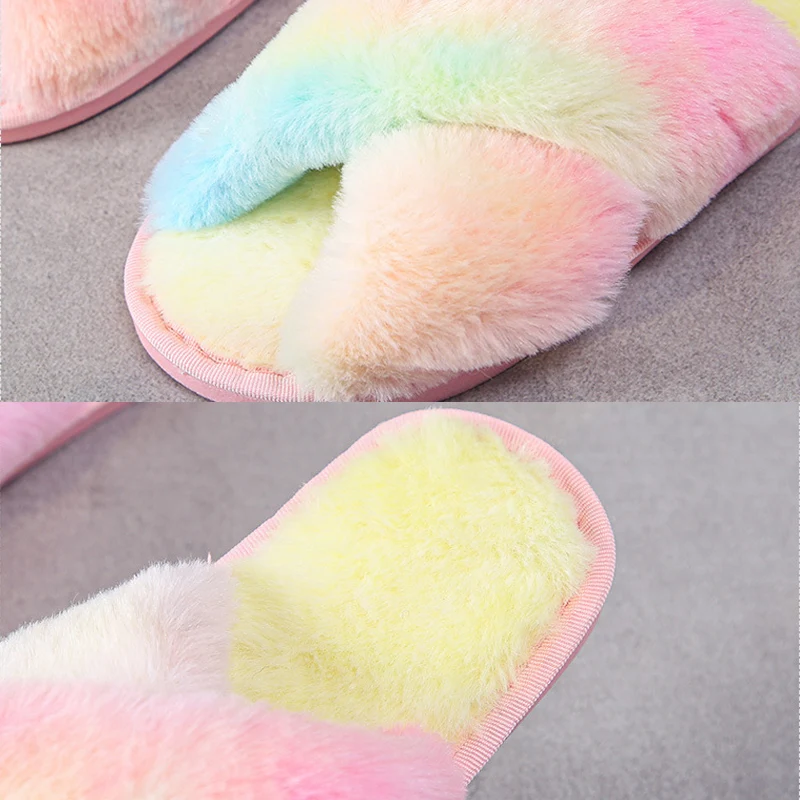 

Cross Plush Slippers for Women Rainbow Casual Plush Slippers Autumn and Winter Solid Color Slides Shoes Fluffy Open Toe Slippers