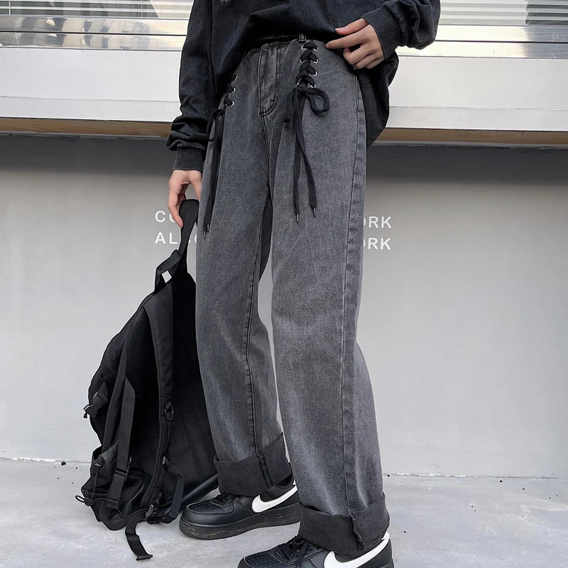 

2021 Trendy Jeans Washed And Gray Patchwork Casual Loose Wide-leg Oversized Loose Y2K Jeans Women Casual Jeans