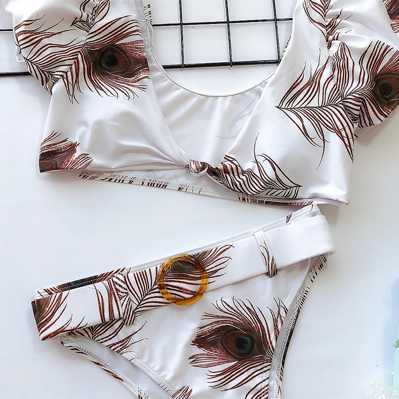 Сексуальное бикини с принтом перьев купальник V-образным вырезом и коротким