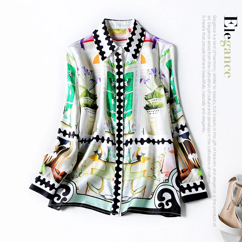 

silk New Favors mulberry shirt female 20 spring the new positioning printed silk twill ou fei long sleeve blouse