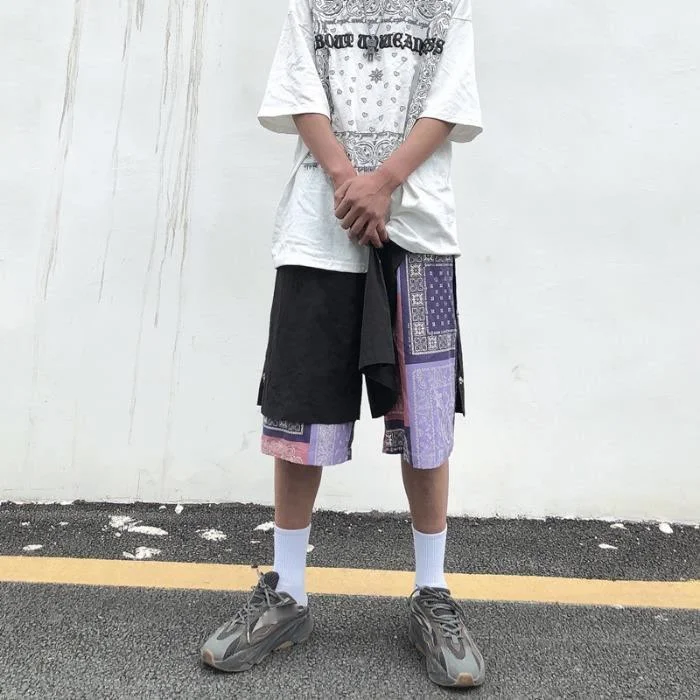 

Harajpoo Men Shorts Summer Hip-hop Really Two Pieces Irregular Stitching Cashew Flower Printing Personality Five-point Pants