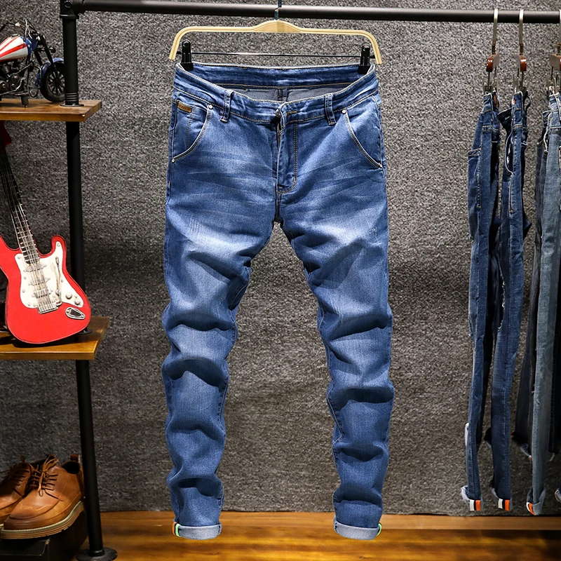 

Men's Fashion Casual Jeans Drawstring Slim Denim Jogging Hip-hop Tight Jeans Solid Color Men's Street Stretch Denim Trousers