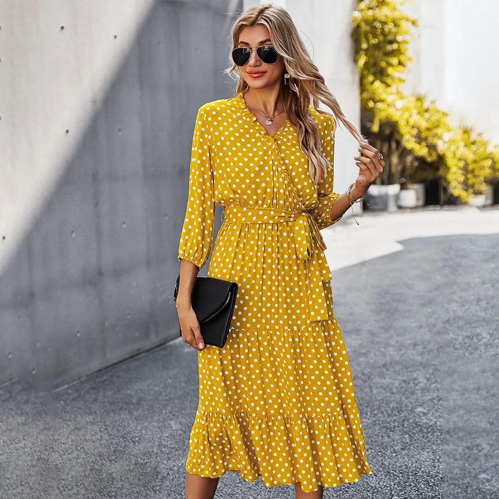 

2021 Classic Polka Dot Printed Dress Bandage Boho Dress Women Casual Ruffles V Neck High Waist Slim Long Dress Cloth Y2k Fashion