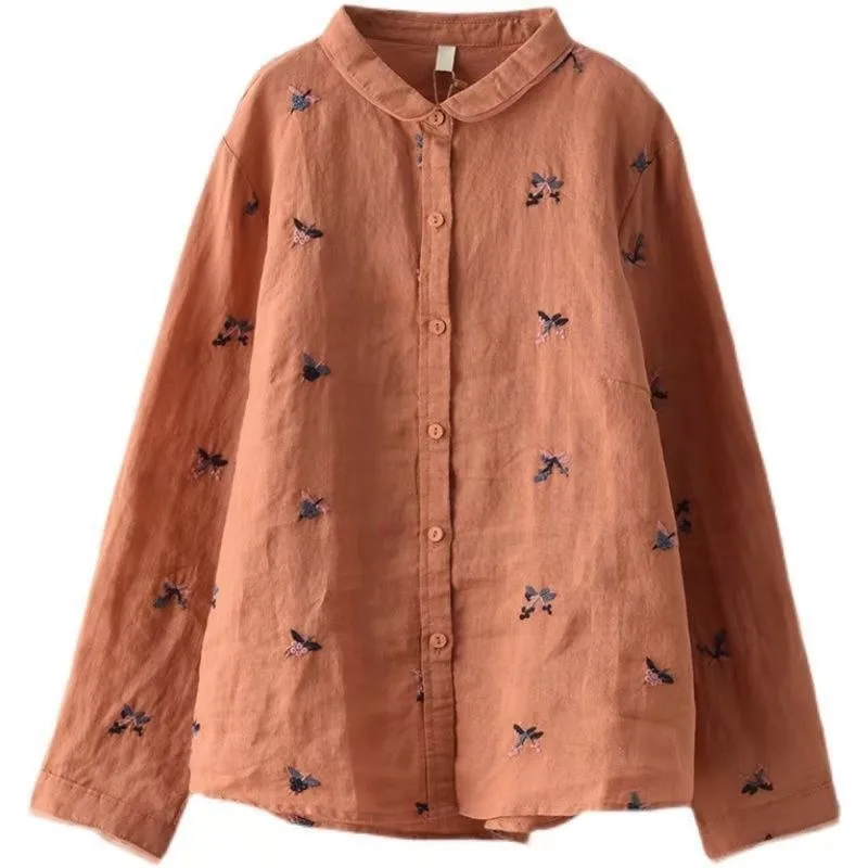 

New Spring Summer Women Loose Turn-down Collar Long Sleeve Blouse Single Breasted Cotton Linen Embroidery Casual Shirts Tops