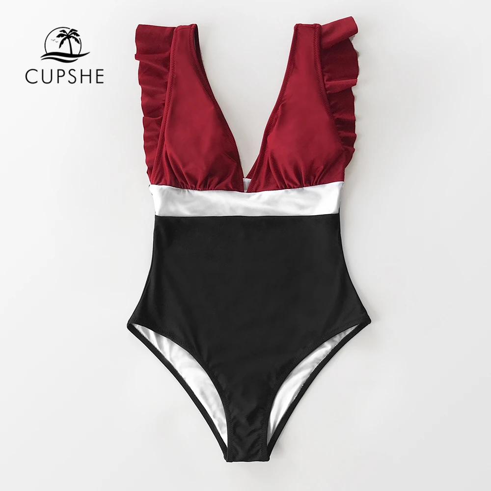 Женский слитный купальник CUPSHE красный черный и белый с оборками глубоким v