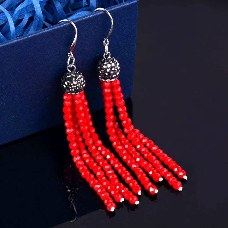 

SINLEERY boho Long Tassel Colorful Beads Earrings For Women Silver Color Green Red White Blue Statement Earrings SSP