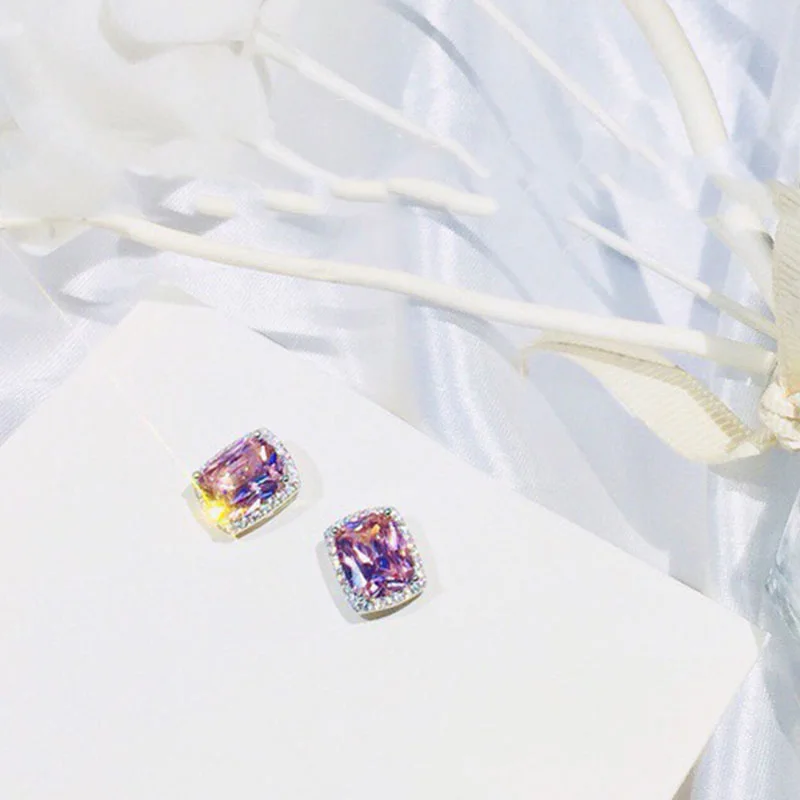 Женские роскошные серьги-гвоздики с розовым геометрическим цирконием винтажные