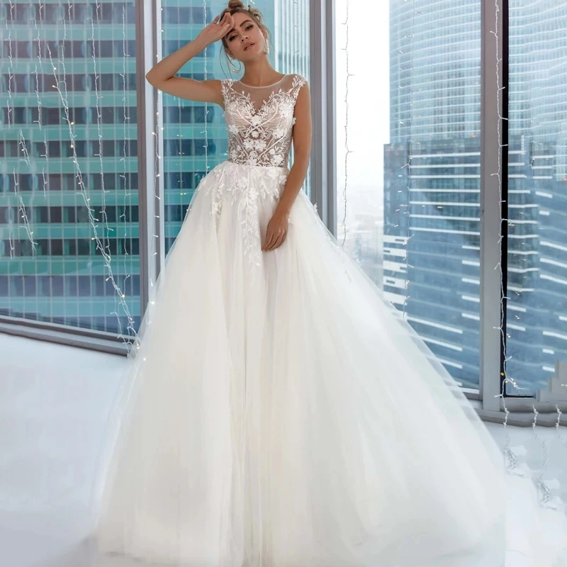 ChuYu 2021 Illusion White Lace O Neck Elegant Applique Sleeveless Soft Tulle Long A-line Wedding Dress Princess New Arrival