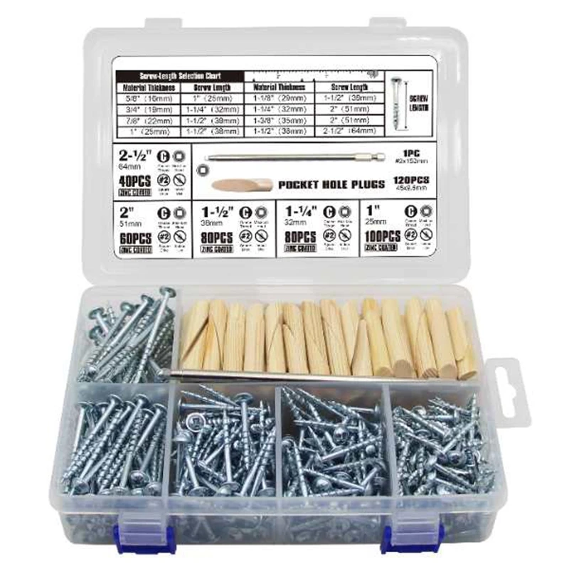 

Pocket-Hole Screw Kit 5 Sizes Fine Coarse Thread Wood Screws Woodworking Pocket Hole Jig