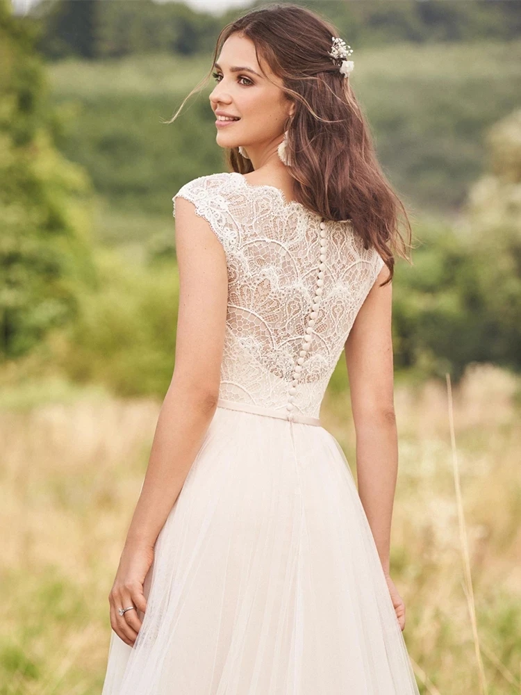 

Jasmine Elegant White V-neck Lace Applique Sleeveless Tulle Long Bridal Wedding Gowns Dresses For Women