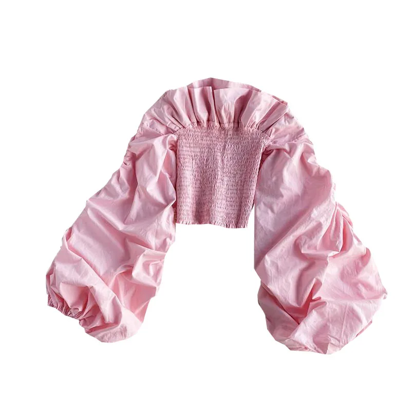 

Ruffled Fashion One-word Collar Off-shoulder Puff Sleeve Waist Sexy Long-sleeved Shirt Fashion Short Slim Top Women UK380