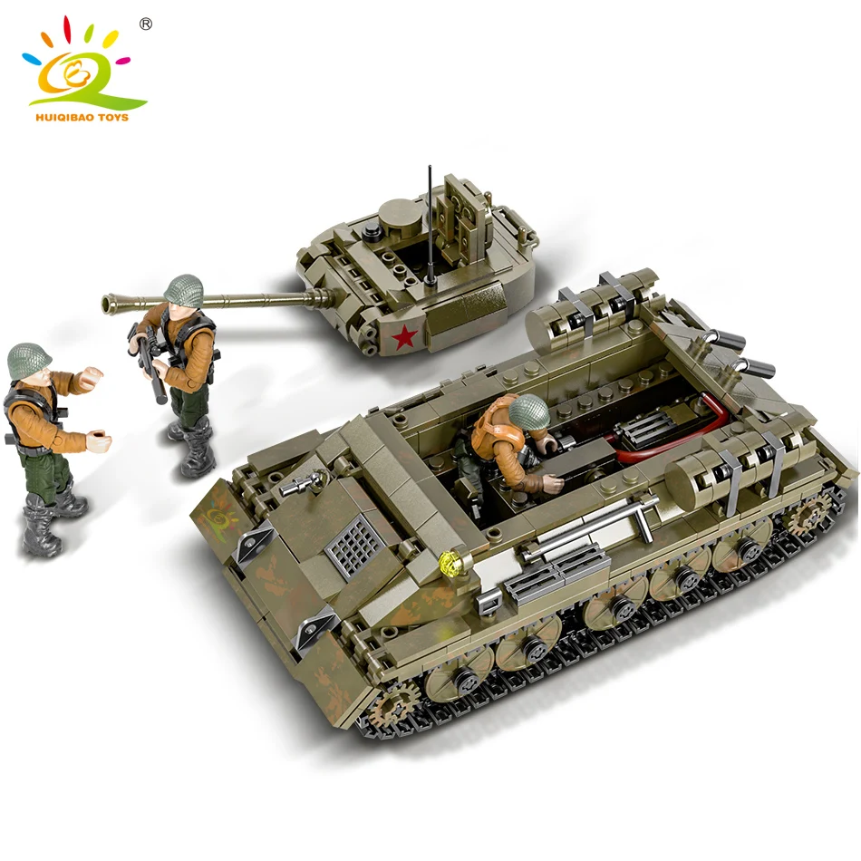 Конструктор HUIQIBAO 854 шт. военная модель WW2 T-34 средний танк с 3 фигурками солдат
