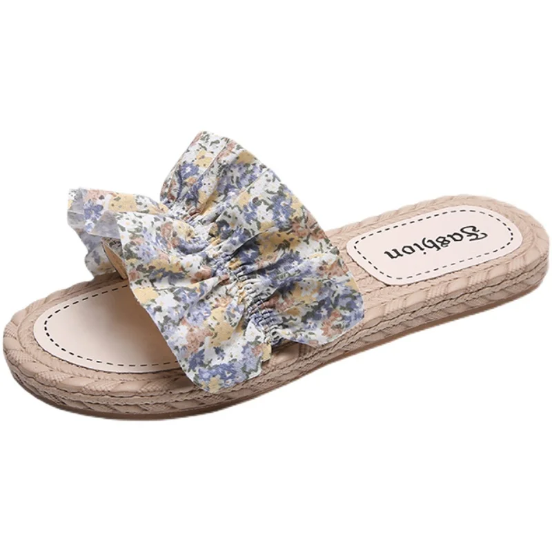 

Slippers Women Summer Slides Beach Shoes Pantofle Fashion Sabot 2021 Flat Luxury Cotton Fabric PU Basic Rome Rubber Shoes Summer