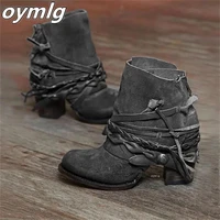 women ankle boots chunky heel boots 2020 autumn winter retro tassel braided ladies casual boots pointed toe slip on short bootie