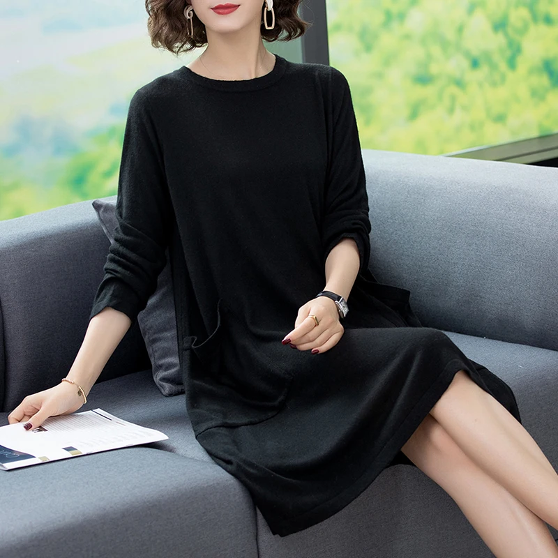 Женское кашемировое платье-свитер повседневное длинное вязаное шерстяное