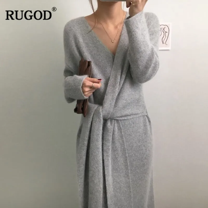 RUGOD Новое корейское длинное платье-свитер с поясом женское однотонное повседневное мягкое теплое кашемировое платье женское элегантное платье с v-образным вырезом и длинным рукавом Vestido
