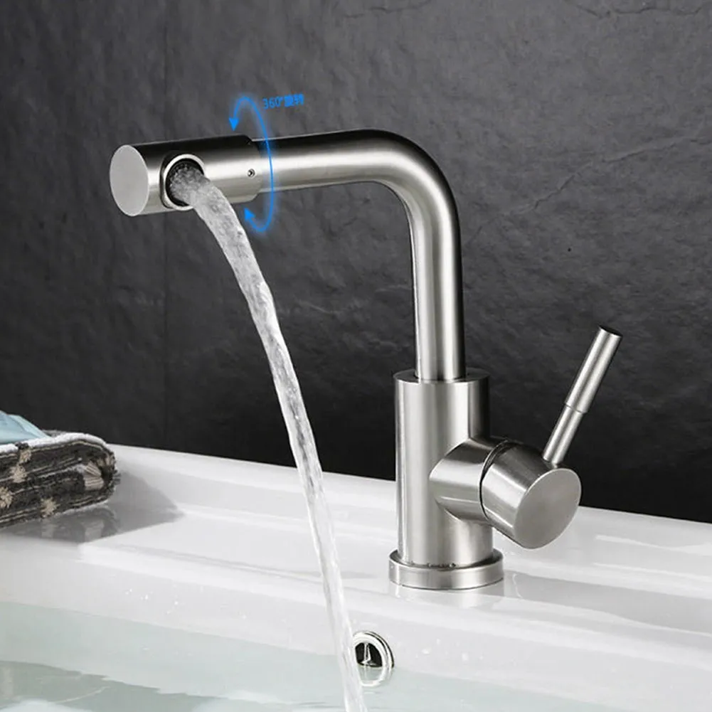 

1 Pcs Faucet 304 Stainless Steel Wire Drawing Basin Faucet Rotating Nozzle 360 Degree Rotating Double Hole Cold And Hot Faucet